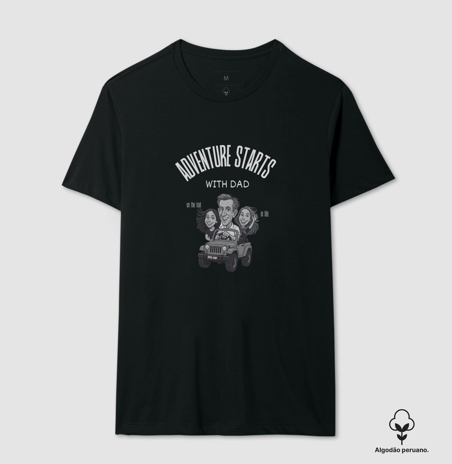 Algodão Peruano - Pai aventureiro no Jeep - Camiseta Masculina (clássica) e Feminina (baby look)