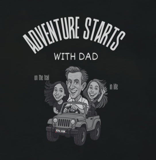 Algodão Peruano - Pai aventureiro no Jeep - Camiseta Masculina (clássica) e Feminina (baby look)