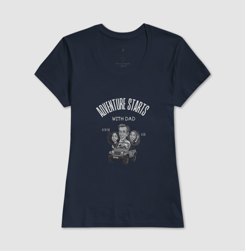 Pai aventureiro no Jeep - Camiseta Masculina (clássica) e Feminina (baby look) - Confort