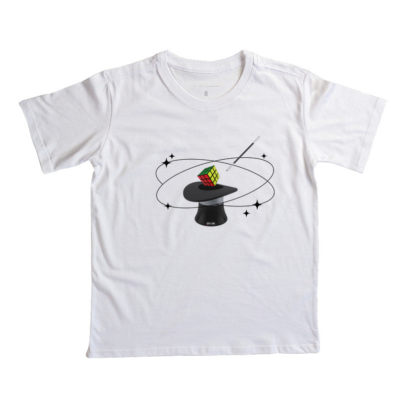 Cartola mágica e cubo mágico - camiseta infantil unissex