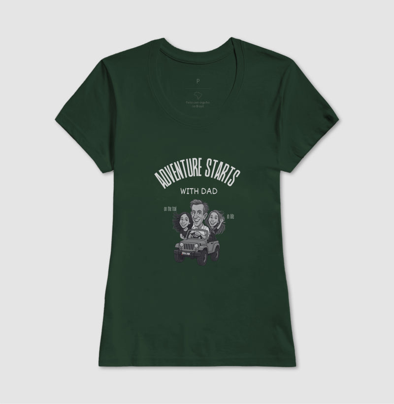 Pai aventureiro no Jeep - Camiseta Masculina (clássica) e Feminina (baby look) - Confort