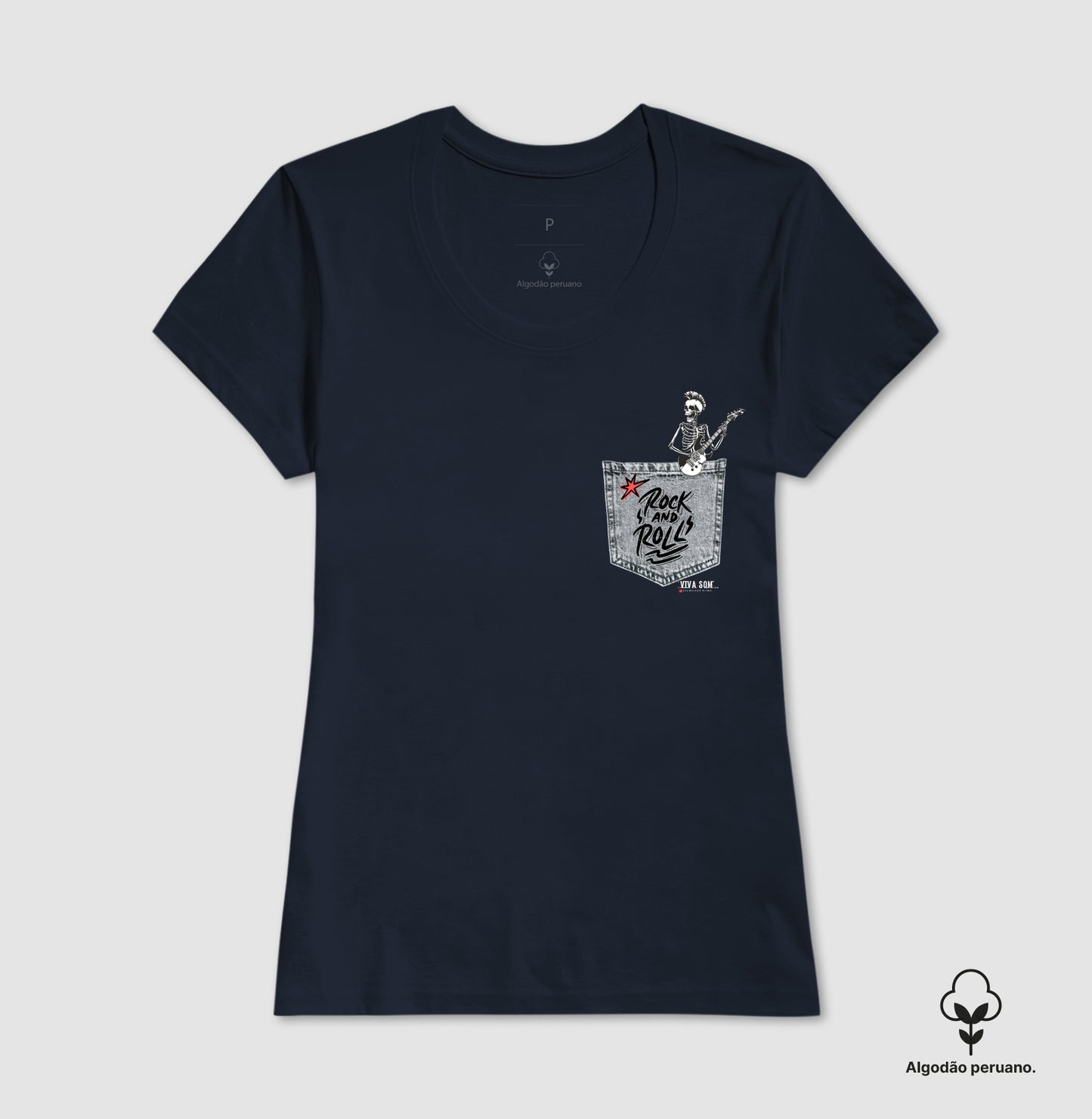 Bolso Jeans Rock'n'roll - Camiseta Masculina e Feminina (Algodão Peruano) 497146