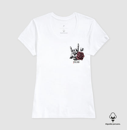 Símbolo do Rock e a Flor - Camiseta masculina e Feminina ( algodão peruano)