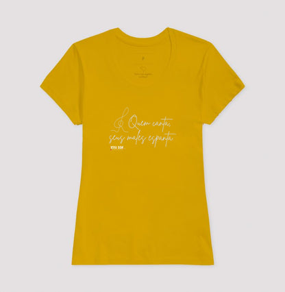 Caligrafia Leve “Quem Canta, Seus Males Espanta” - Camiseta Confort Feminina / Masculina (100% Algodão) 497146