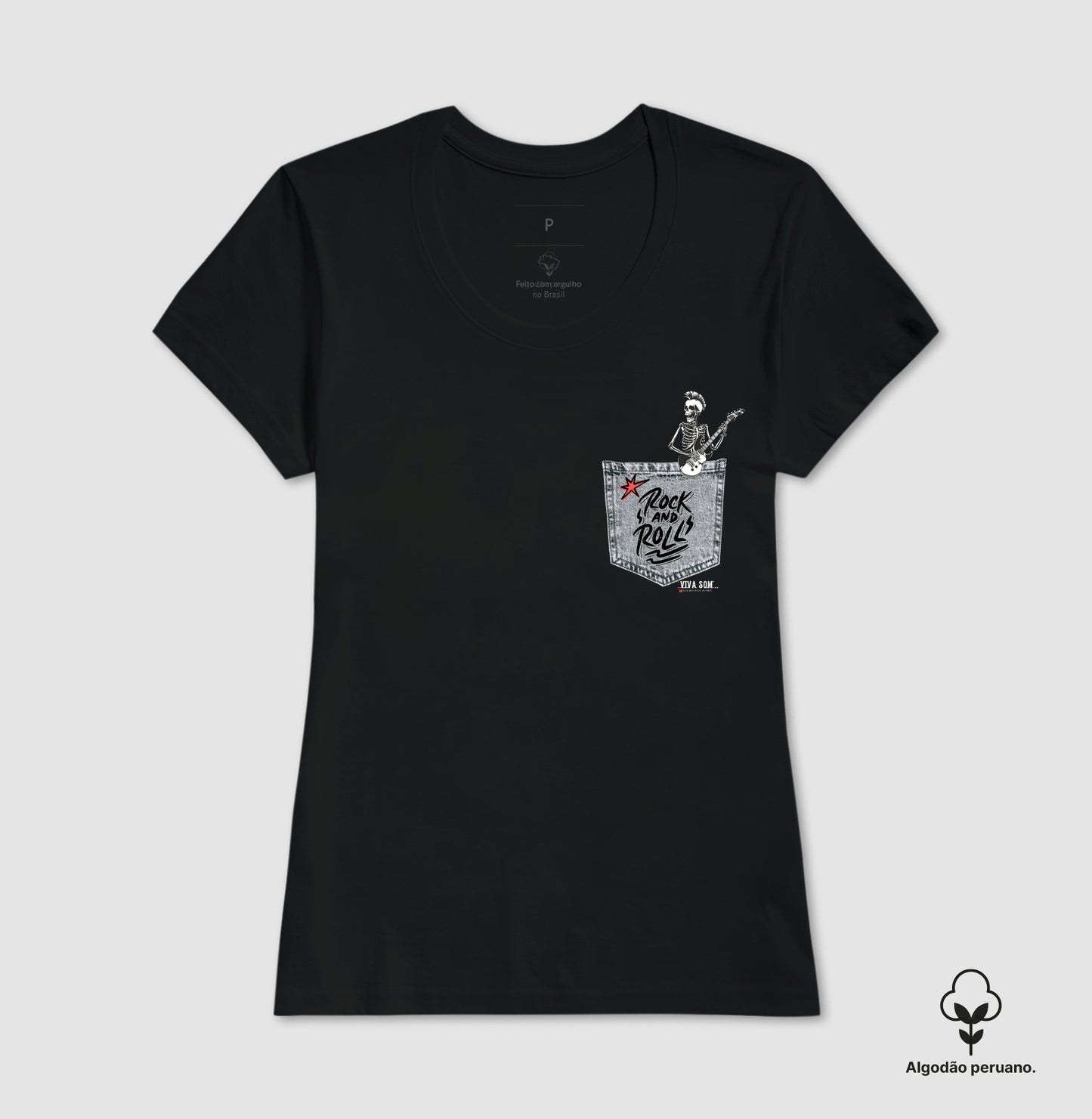 Bolso Jeans Rock'n'roll - Camiseta Masculina e Feminina (Algodão Peruano) 497146