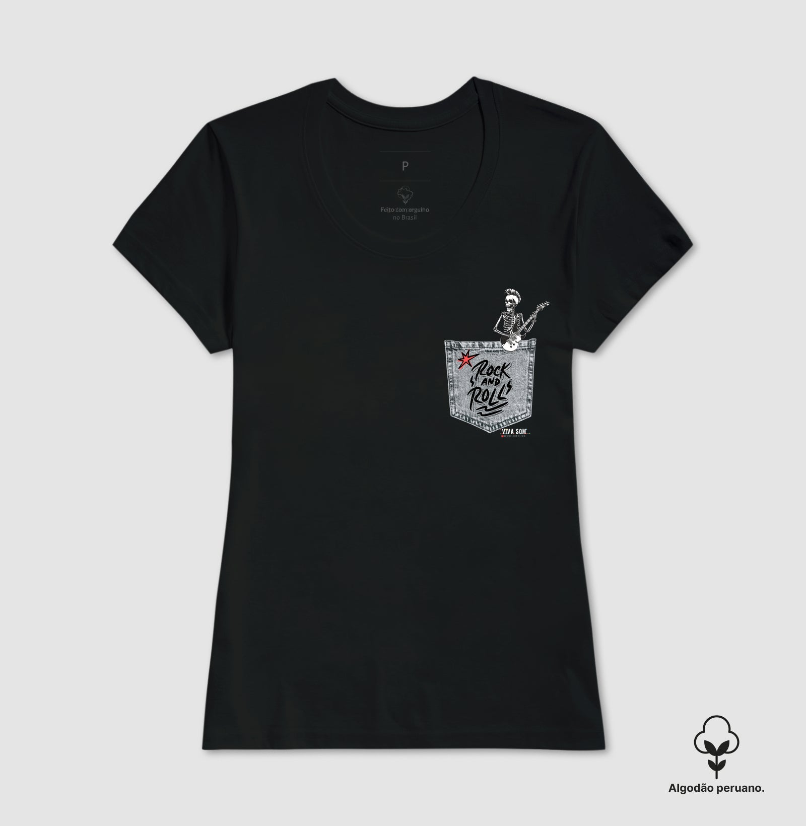 Bolso Jeans Rock'n'roll - Camiseta Masculina e Feminina (Algodão Peruano) 497146