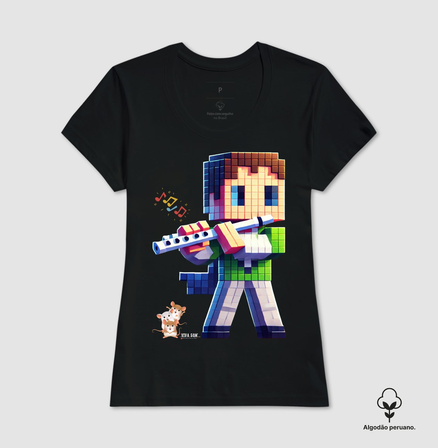 Flautista No pixel - Camiseta Chique Masculina e Feminina ( Algodão Peruano)