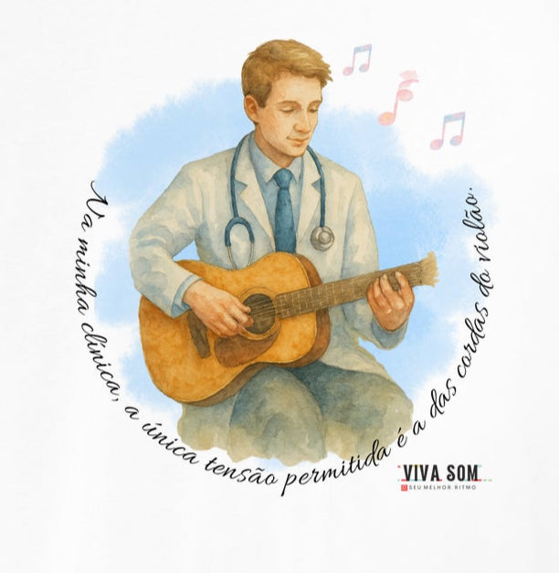 Médico: tensão só das cordas do violão - Camiseta e Baby Look Algodão Peruano