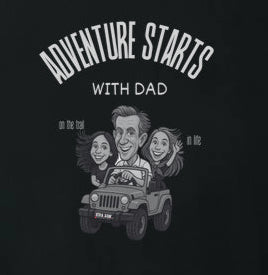 Pai aventureiro no Jeep - Camiseta Masculina (clássica) e Feminina (baby look) - Confort