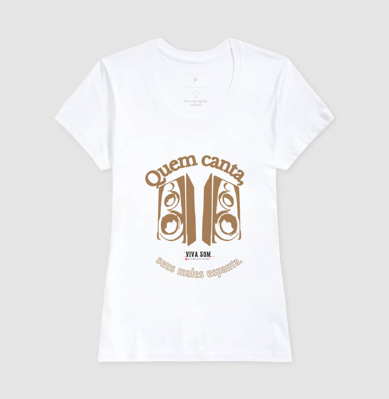 Caixas de Som “Quem Canta, Seus Males Espanta” - Camiseta Confort Feminina / Masculina (100% Algodão) 497146