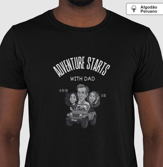 Algodão Peruano - Pai aventureiro no Jeep - Camiseta Masculina (clássica) e Feminina (baby look)