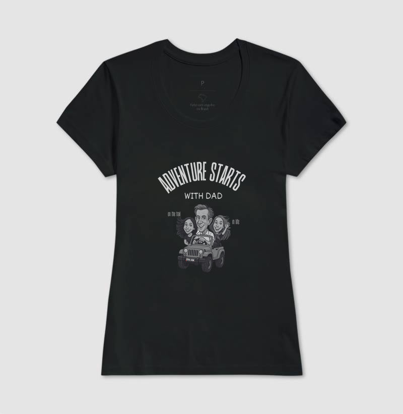 Pai aventureiro no Jeep - Camiseta Masculina (clássica) e Feminina (baby look) - Confort