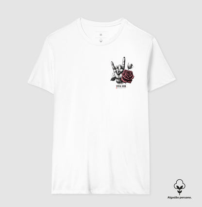 Símbolo do Rock e a Flor - Camiseta masculina e Feminina ( algodão peruano)