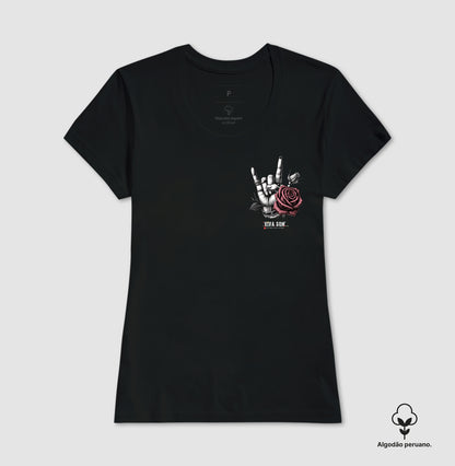 Símbolo do Rock e a Flor - Camiseta masculina e Feminina ( algodão peruano) 497146